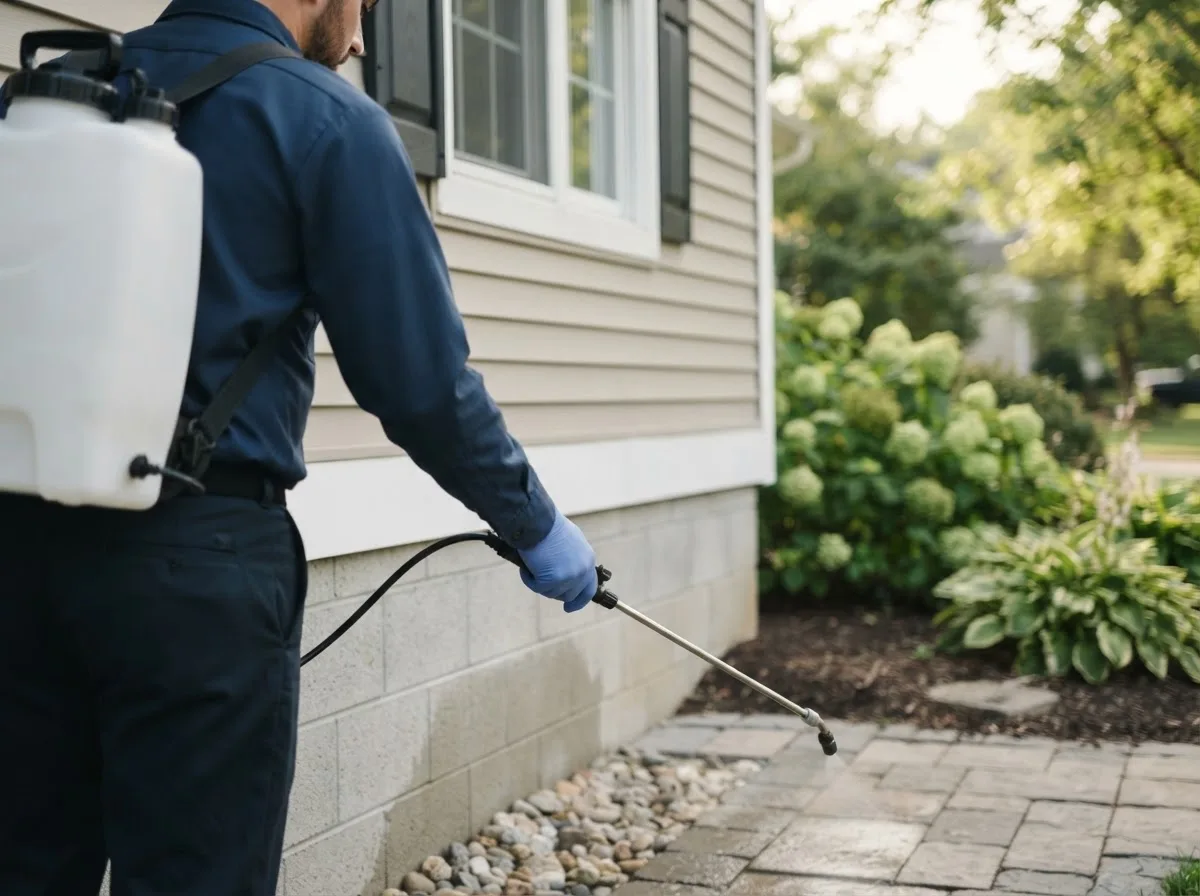 Pest control technician inspecting a home in Ogden, IL